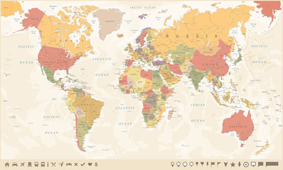 Vintage World Map and Markers - Vector Illustration