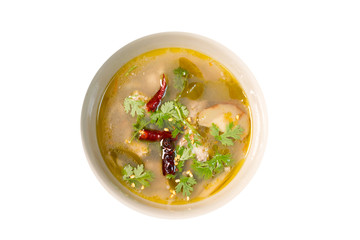Hot and Sour Chicken Soup (tom yum gai) on white background ,Thai food