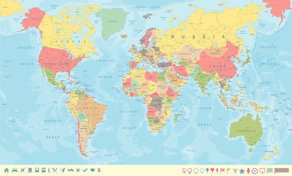 Vintage World Map and Markers - Vector Illustration