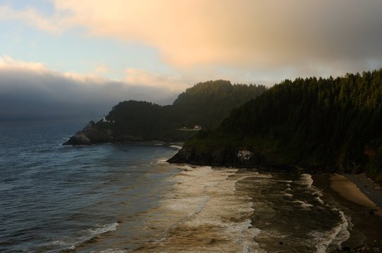 Heceta Head, with the Lighthouse and Keepers house on the Oregon central coast near sunset.