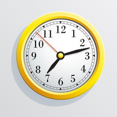 Classic round wall clock with arrows. Yellow body. Vector .