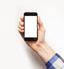 man hand hold mobile smartphone with blank white screen isolated