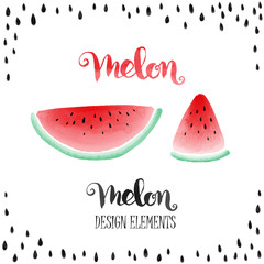 Watermelon vector design elements: melon lettering, watermelon slices and seeds, watercolor styled on white background.