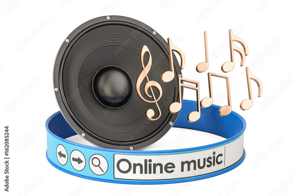 Poster online music concept with loudspeaker and notes, 3d rendering