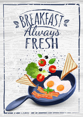 poster with plates of fried and scrambled eggs on white background - 162085637