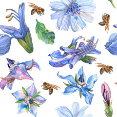 Watercolor seamless pattern with blue flowers and bees on a white background.  artbackgroundbeeblueboragebranchdeliciousdesignfabricfloralflowersgardenhandillustrationleafmedicinalmelliferousmodernnat