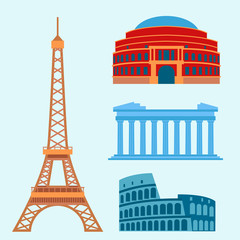 Euro trip tourism travel design famous building and euro adventure international vector illustration.