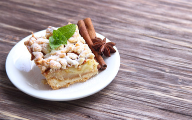 Homemade apple pie on wooden table