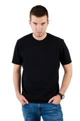 Obraz premium Angry man in black t-shirt on white background