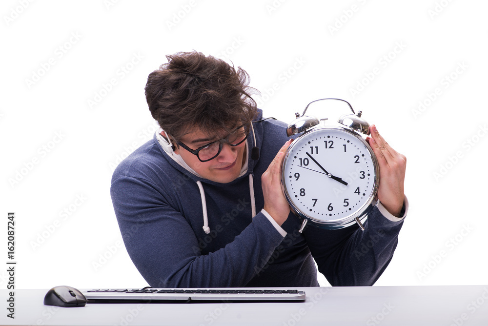Poster funny nerd call center operator with giant clock