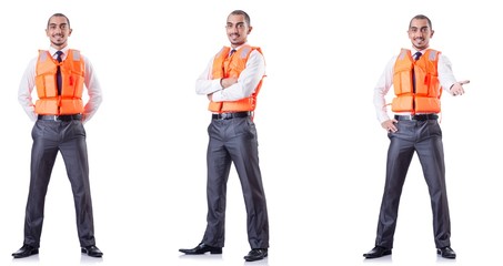 Obraz premium Man in life jacket isolated on white
