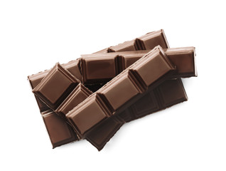 Broken chocolate pieces, isolated on white