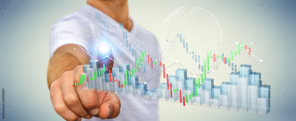 Poster businessman using digital 3d rendered stock exchange stats and charts