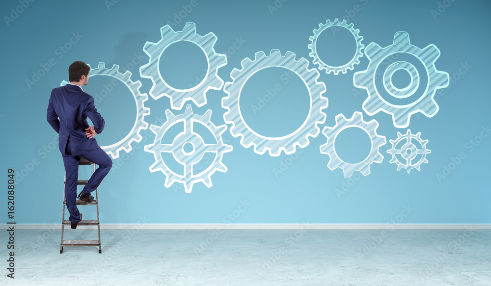 Poster businessman watching gears sketch on a wall 3d rendering