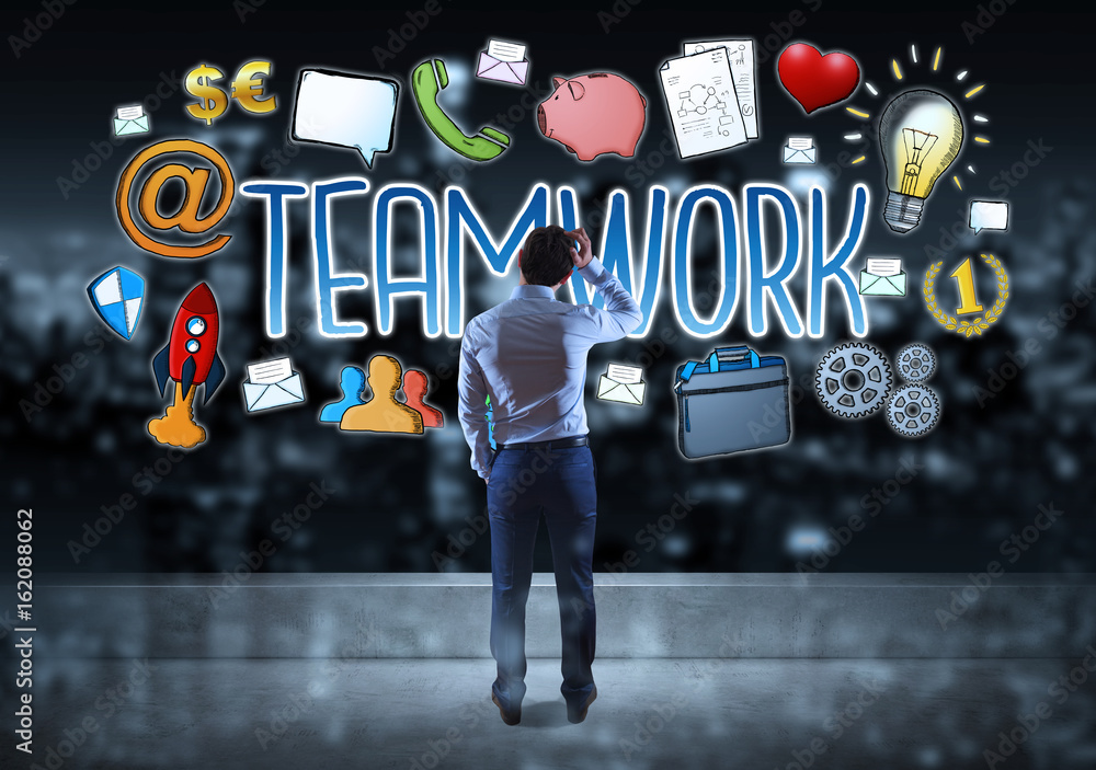 Poster businessman watching teamwork sketch on a rooftop 3d rendering