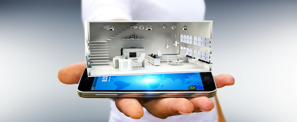 Businessman holding white 3D rendering apartment