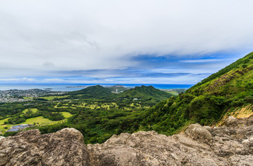 The view from the Nuuanu Pali Lookout on the Windward side of Oahu Hawaii