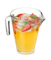 Jug with delicious lemonade on white background