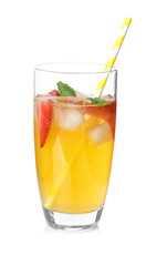 Glass with delicious lemonade on white background