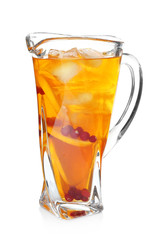 Jug with delicious lemonade on white background