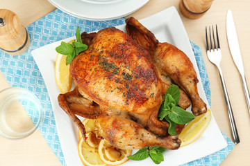 Homemade baked chicken with lemon and mint on table