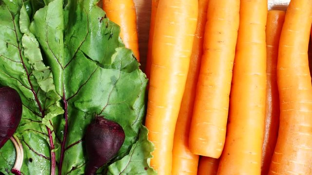 Fresh vegetables as food background. Healthy food organic nutrition. View from above. Dolly slider shot 4K ProRes HQ codec