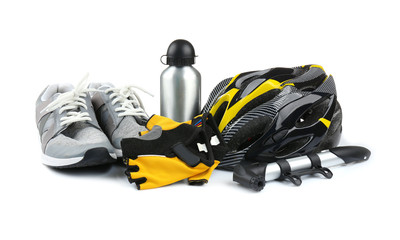 Set of bicycle accessories on white background