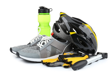 Set of bicycle accessories on white background