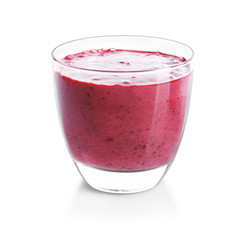 Glass of blueberry yogurt smoothie on white background