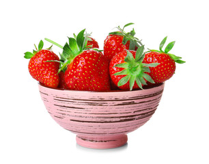 Bowl with tasty red strawberries on white background
