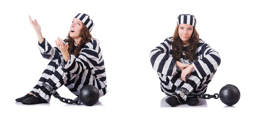 Prisoner in striped uniform on white