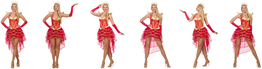 Woman in red dress isolated on white