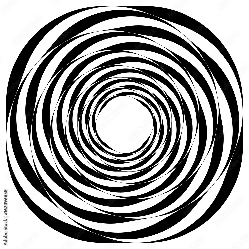Poster Radial geometric element series. Abstract black and white shape in concentric, circular style. Design elements with various distortion effects. Irregular geometric elements