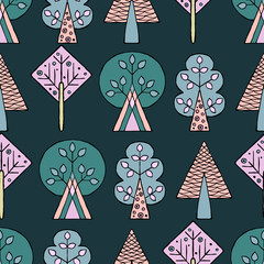 Vector hand drawn seamless pattern, decorative stylized childish trees. Doodle style, tribal graphic illustration. Ornamental cute hand drawing Series of doodle, cartoon, sketch seamless patterns