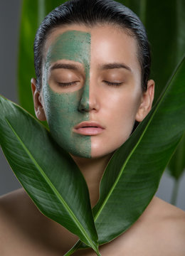 Young Woman With Green Face Mask - Natural Spa, Studio Portrait