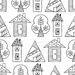 Vector hand drawn seamless pattern, decorative stylized black and white childish houses, trees. Doodle sketch style, graphic illustration, background. Ornamental cute hand drawing. Line drawing.