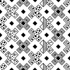 Seamless vector pattern. Black and white geometrical background with hand drawn decorative tribal elements. Print with ethnic, folk, traditional motifs. Graphic vector illustration.