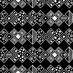 Seamless vector pattern. Black and white geometrical background with hand drawn decorative tribal elements. Print with ethnic, folk, traditional motifs. Graphic vector illustration.
