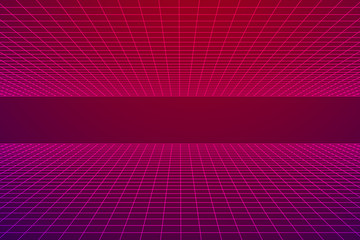Grid plane with horizont line. Abstract background made in 80s vintage style. Vector illustration for your graphic design.