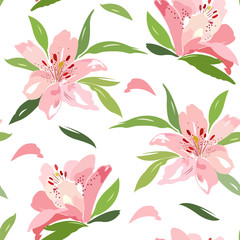  Seamless floral pattern with pink lilies and green foliage on a white background.