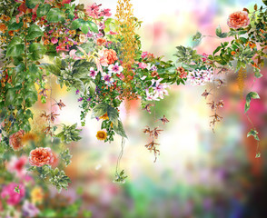 Fototapety  Malarstwo akwarela streszczenie kolorowe kwiaty. Wiosna wielokolorowa w naturze.