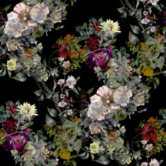 Aquarellmalerei von Blättern und Blumen, nahtloses Muster auf dunklem Hintergrund © photoiget
