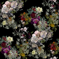 Aquarellmalerei von Blättern und Blumen, nahtloses Muster auf dunklem Hintergrund © photoiget