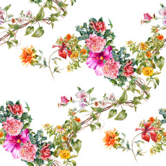 Watercolor painting of leaf and flowers, seamless pattern on white background