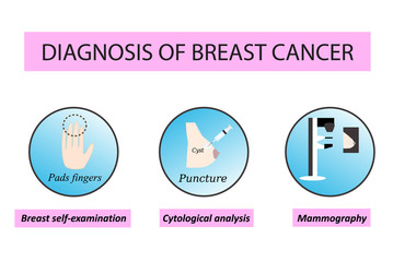Diagnosis of breast cancer. World day against breast cancer. Breast self-examination. Biopsy, cytology cysts. Mammography. Infographics. Vector illustration on isolated background.