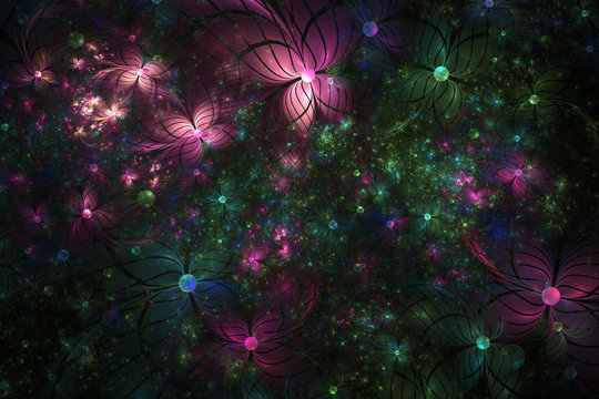 Abstract exotic pink and green flowers on black background. Fantasy fractal design. Psychedelic digital art. 3D rendering.