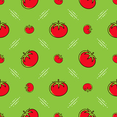 Tomato pattern seamless. Red tomatoes on a green background, Thin line art design, Vegetable vector illustration