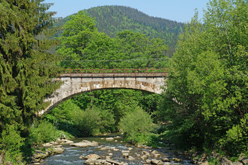 Fototapeta na wymiar A bridge over a mountain river in the Ukrainian Carpathians. Bridge over the river