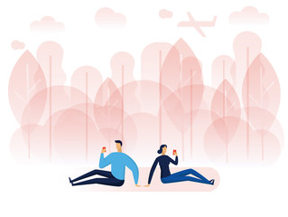 A men and A women are sitting in the park and playing smartphones.