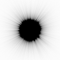 Promieniowe serie elementów geometrycznych. Abstrakcyjny kształt czarno-biały w koncentrycznym, okrągłym stylu. Elementy projektowe z różnymi efektami zniekształceń. Nieregularne elementy geometryczne - 162104494